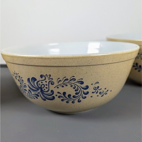 Vintage Pyrex 1976 Homestead Tan Speckled Blue Floral Nesting Bowls Set Of 4 - Picture 6 of 12